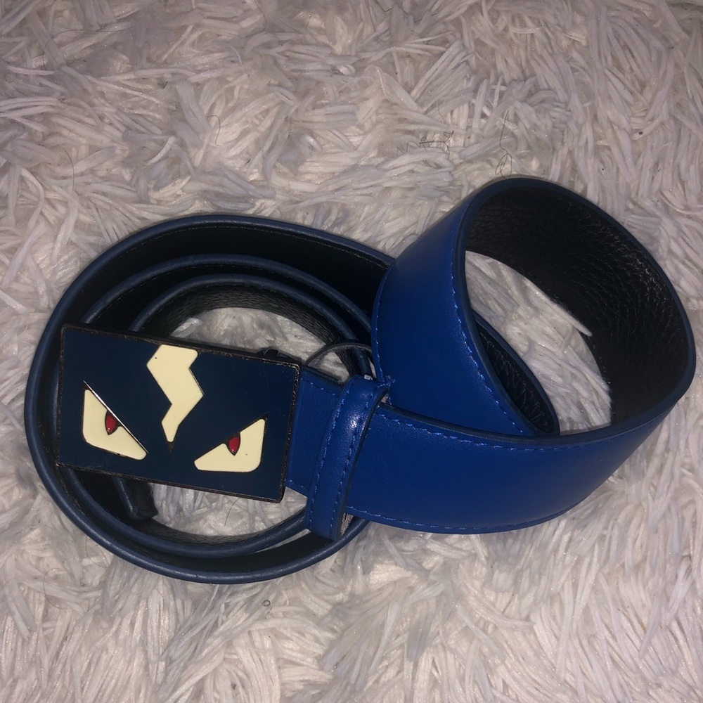 Mens Fendi Belt with Monster Face” buckle, in blue